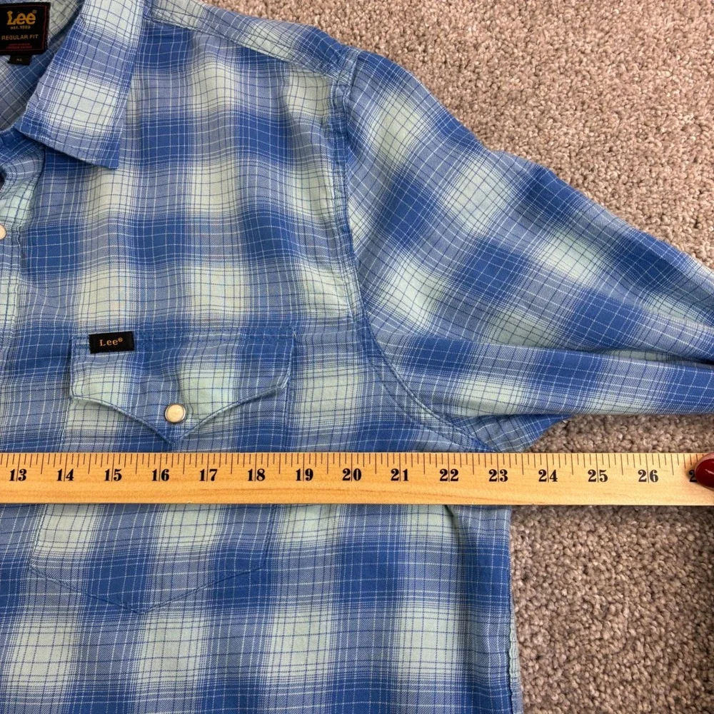 Lee Regular Fit Plaid Long‎ Sleeve Pearl Snap Front Shirt Mens XL Blue Vintage